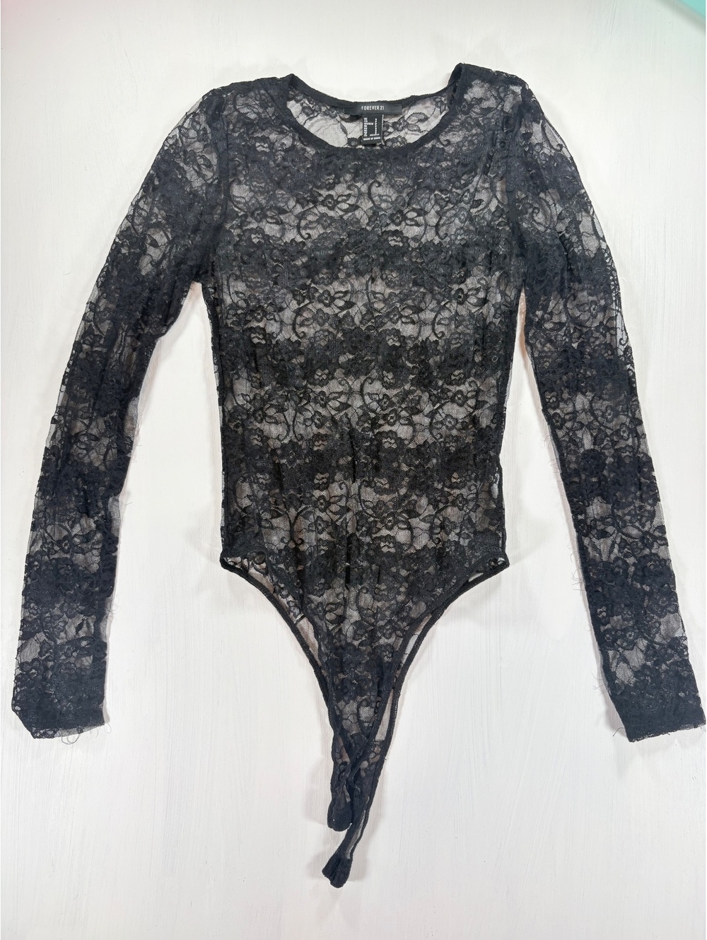 Forever 21 Black Sheer Floral Lace Long Sleeve Bodysuit Size Small
